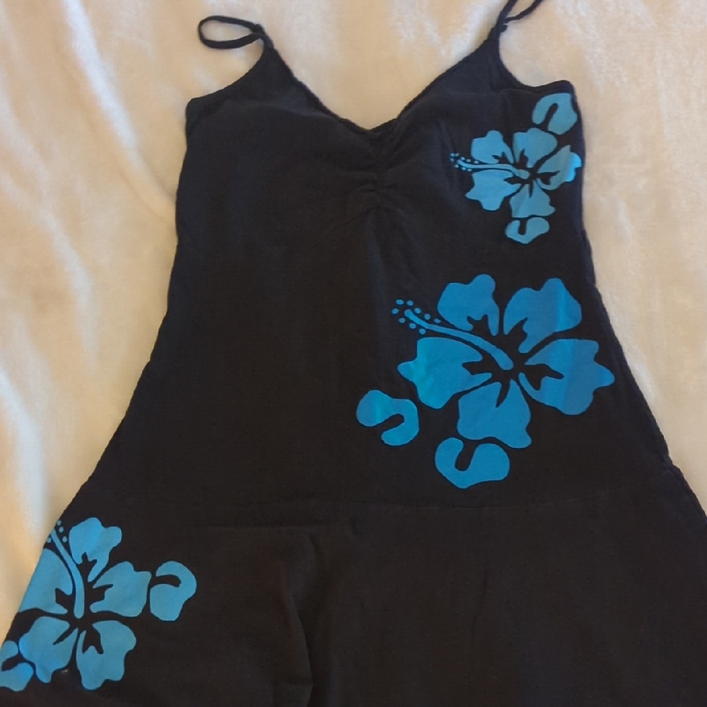 Black Swim Cover-up  Or Dress with Blue Floral Design